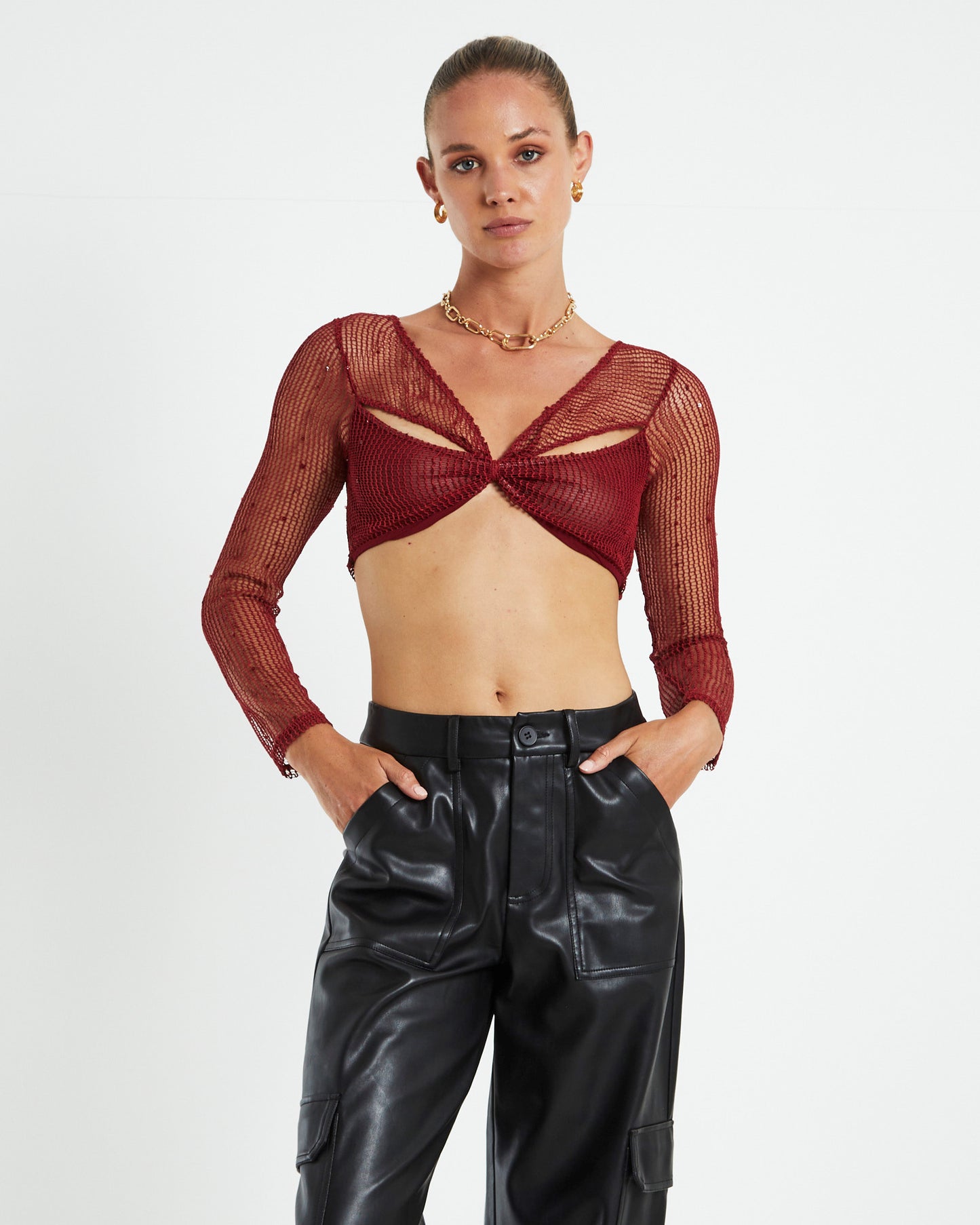 Emery Shimmer Mesh Long Sleeve Top Garnet Red