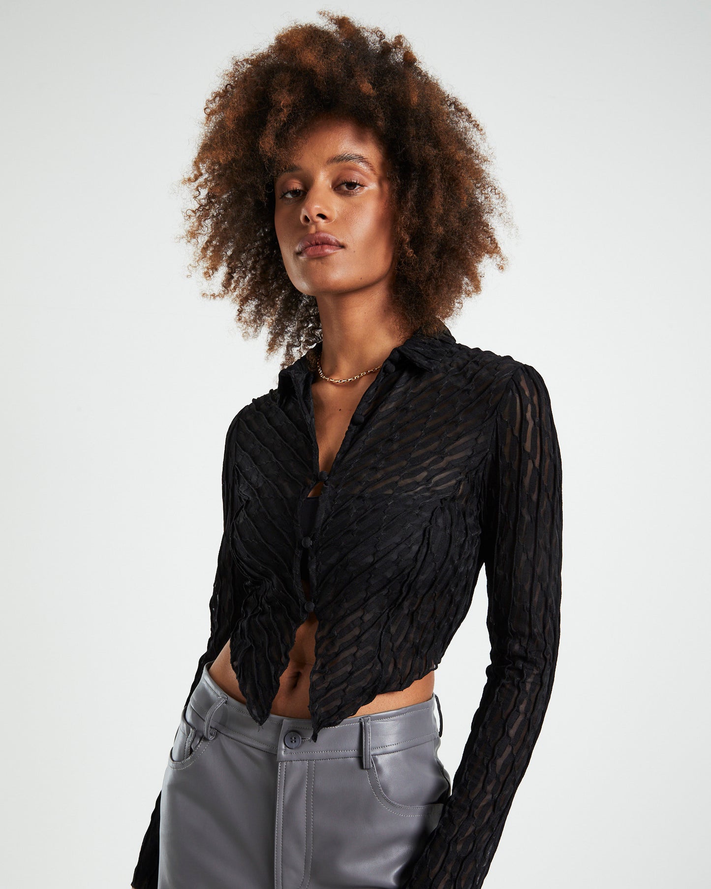 Aisha Textured Mesh Butterfly Hem Long Sleeve Shirt Black