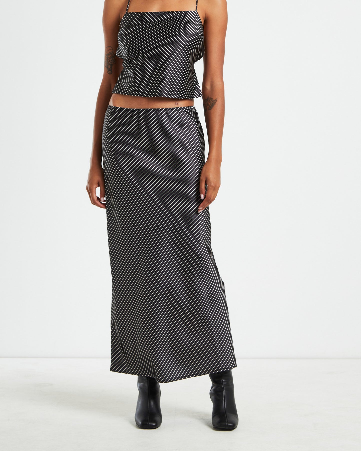 Gianna Satin Stripe Slip Skirt Black