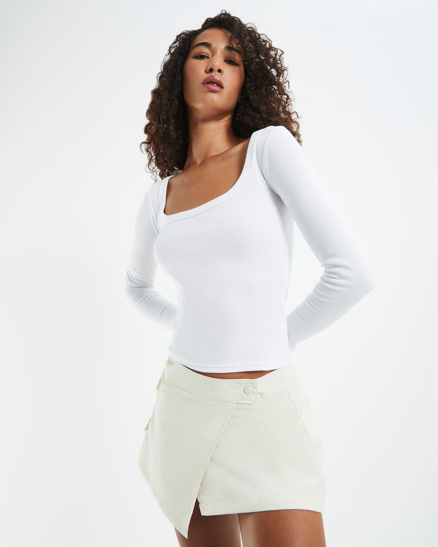 Open Neck Long Sleeve Top White