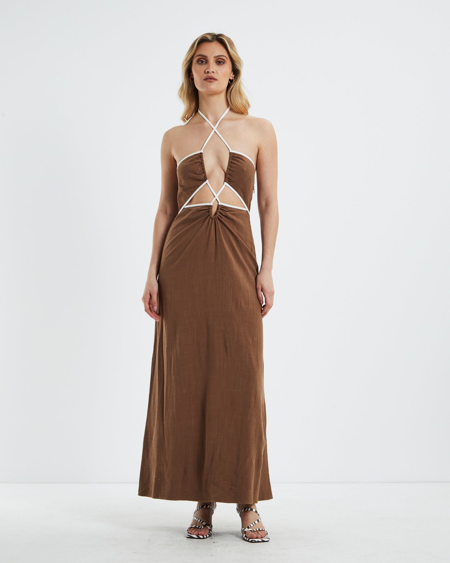 Selena Contrast Bind Midi Dress Brown