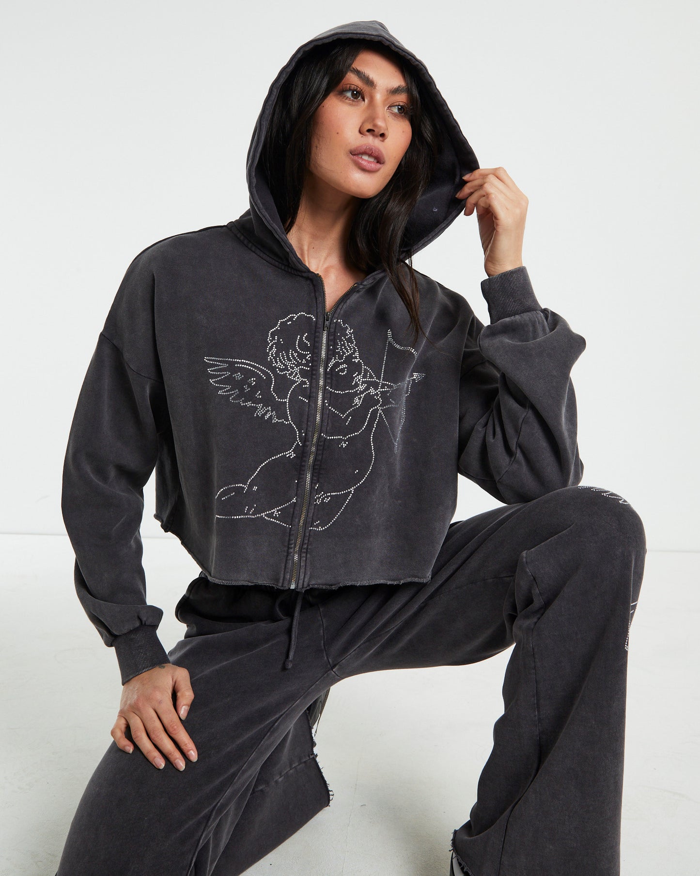 Cherub Acid Wash Zip Front Hoodie Charcoal