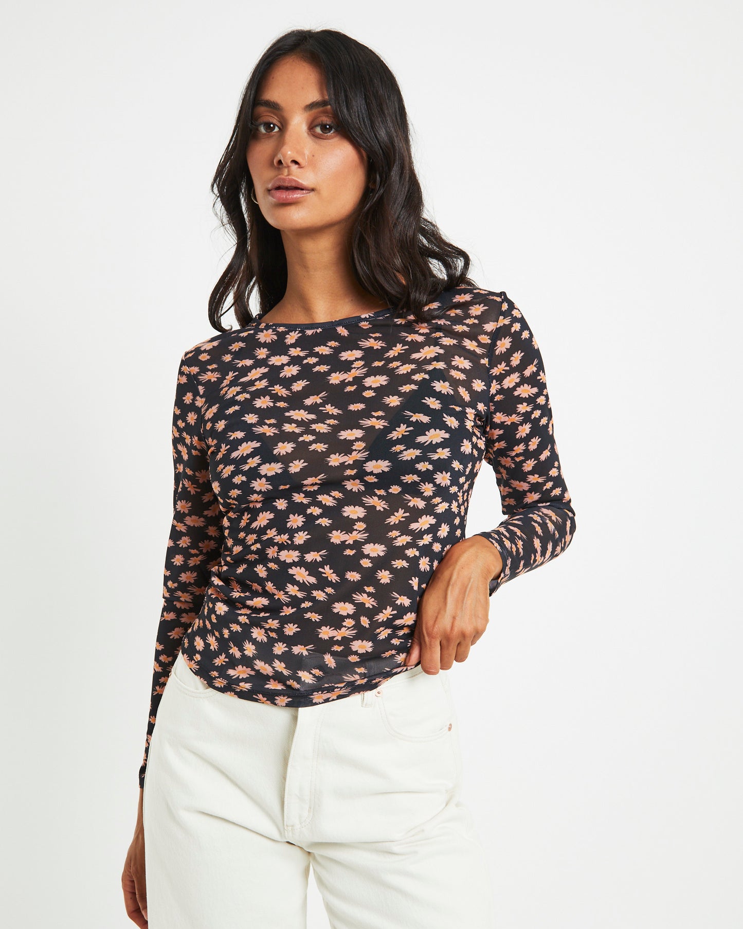 Hazey Recycled Sheer Long Sleeve Top in Black Floral