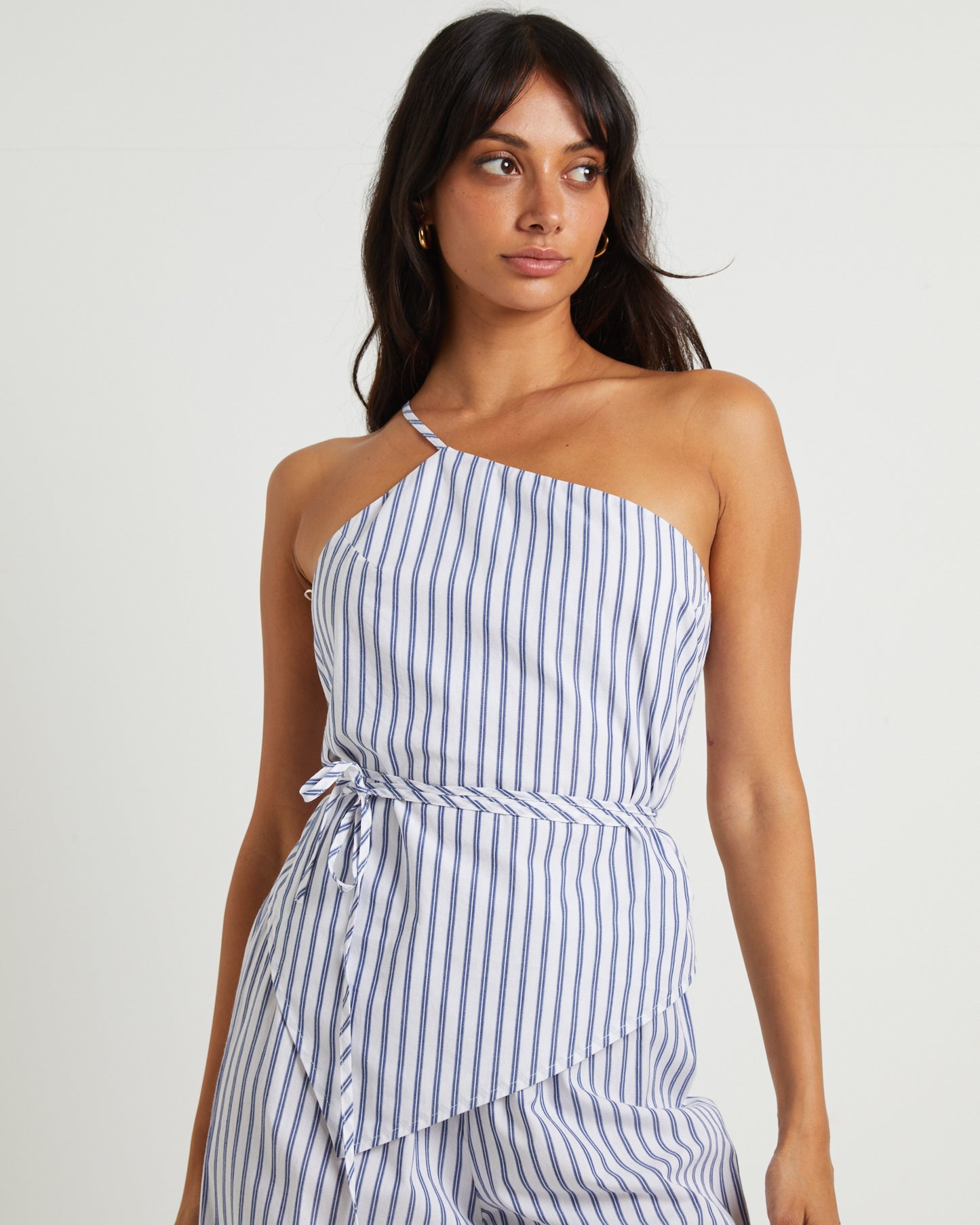 Adeline Asymmetric Cami Top in White Stripe