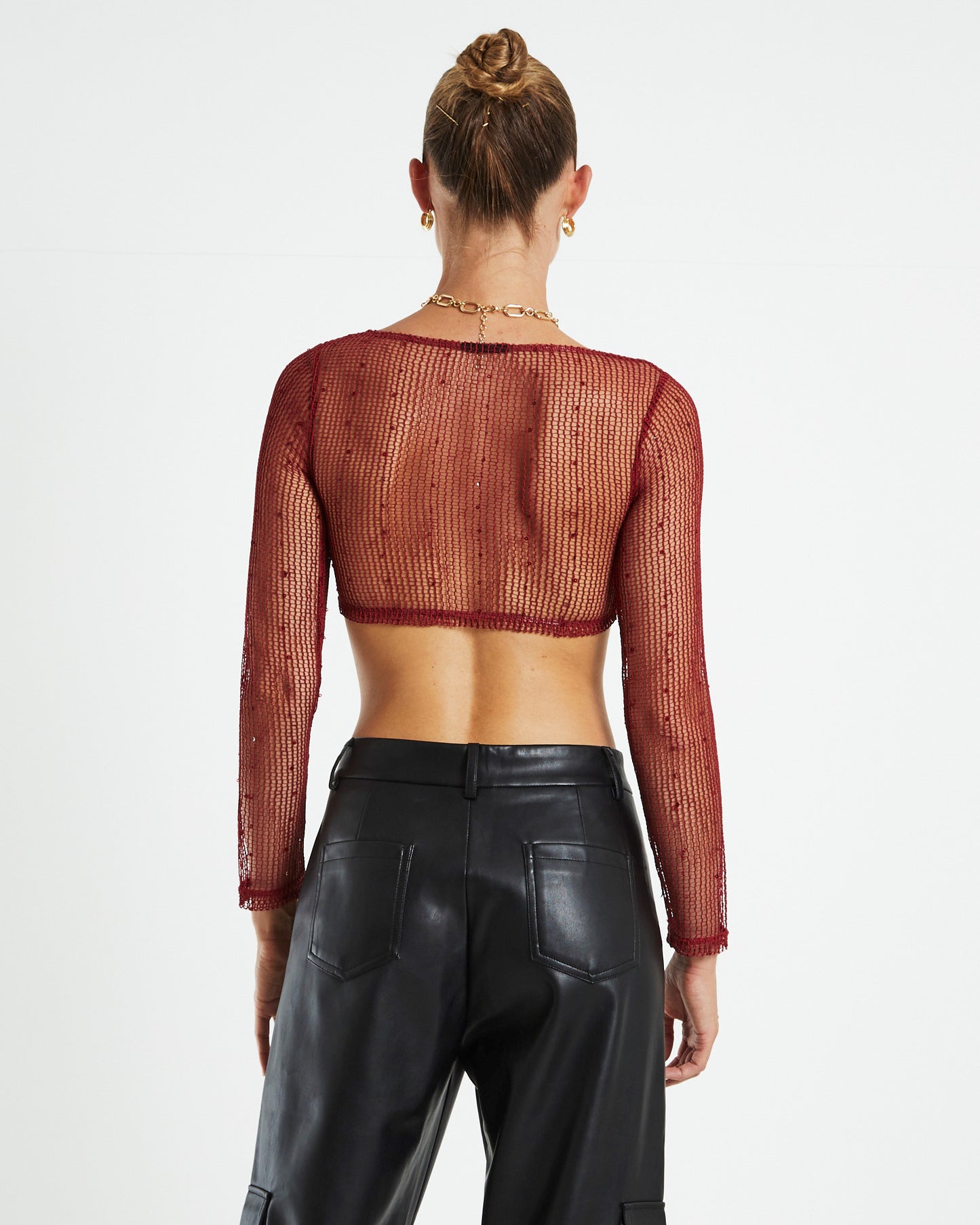 Emery Shimmer Mesh Long Sleeve Top Garnet Red