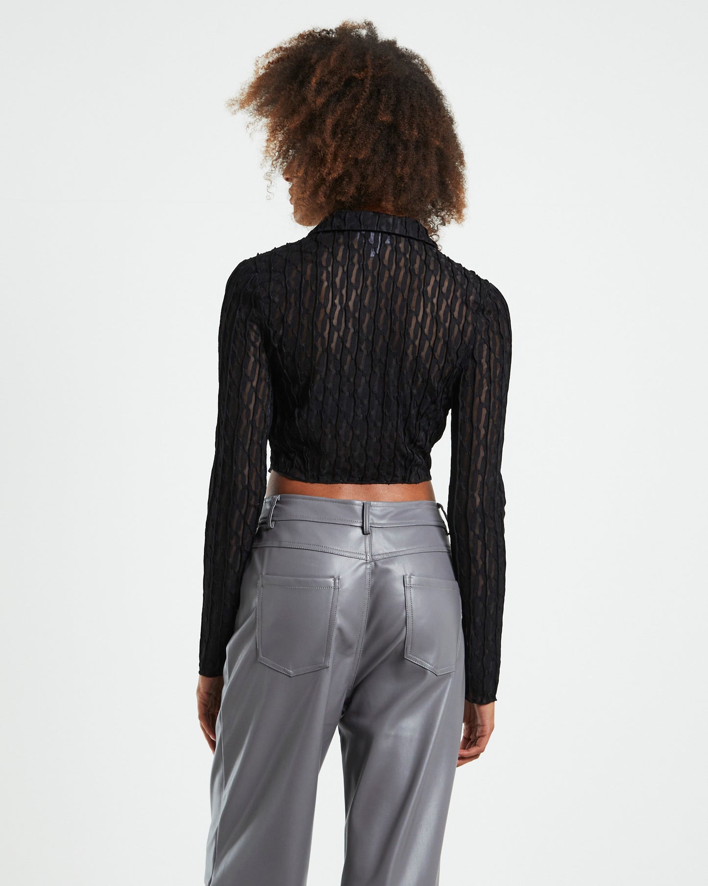 Aisha Textured Mesh Butterfly Hem Long Sleeve Shirt Black
