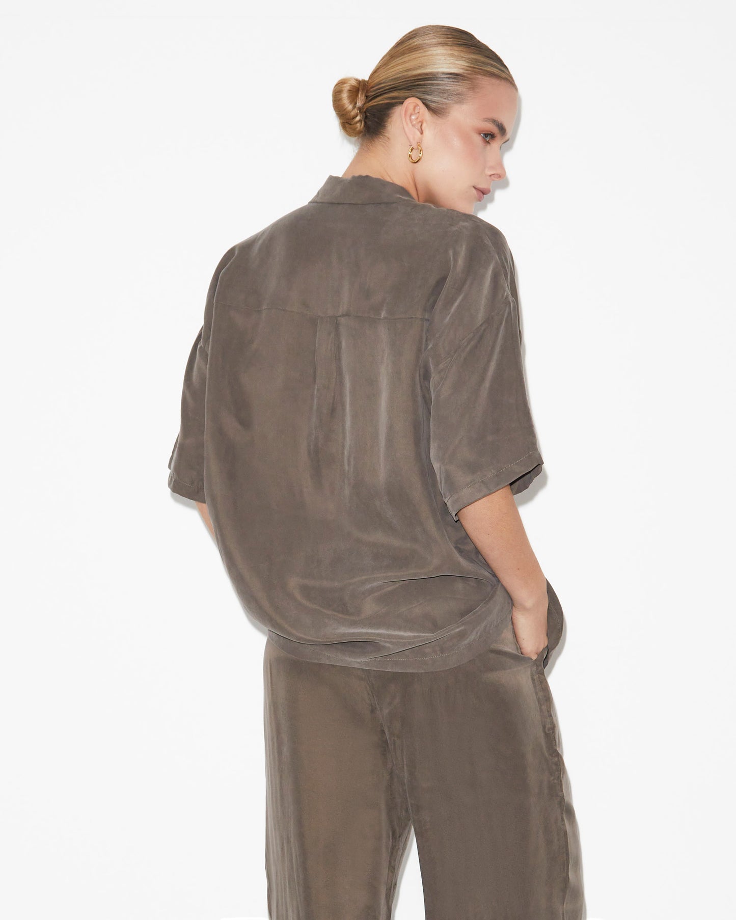 Ember Silky PJ Short Sleeve Shirt in Coffee Brown