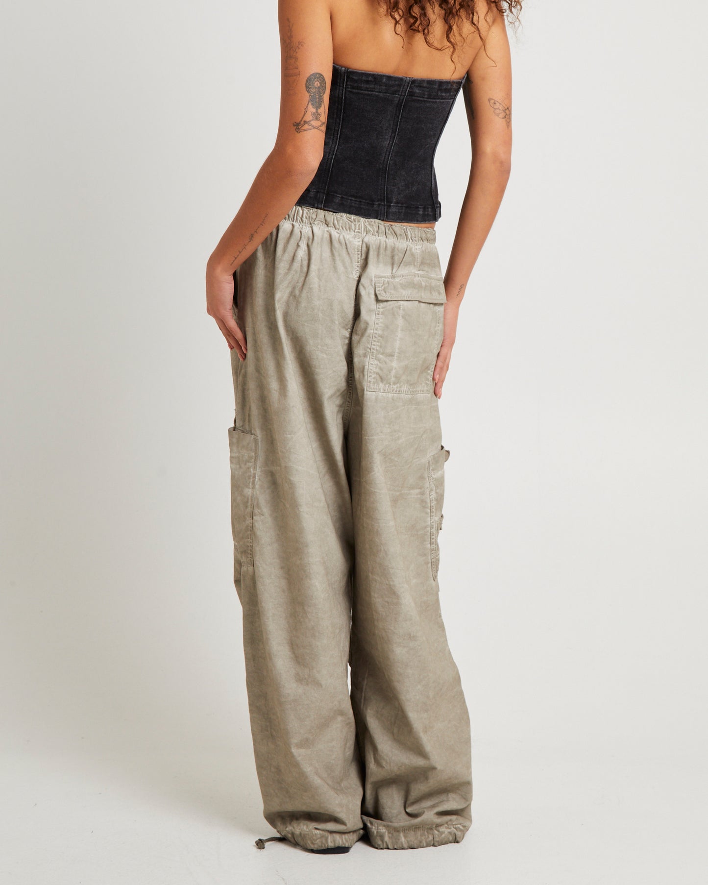 Beige Oil Wash Parachute Pants