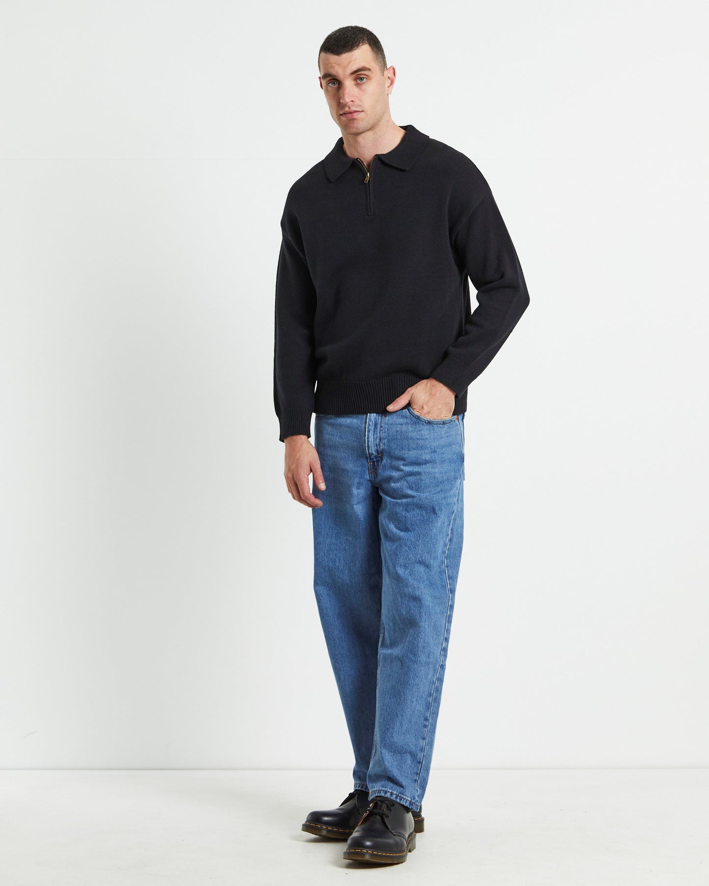 Relaxed Cable Knit Zip Through Black