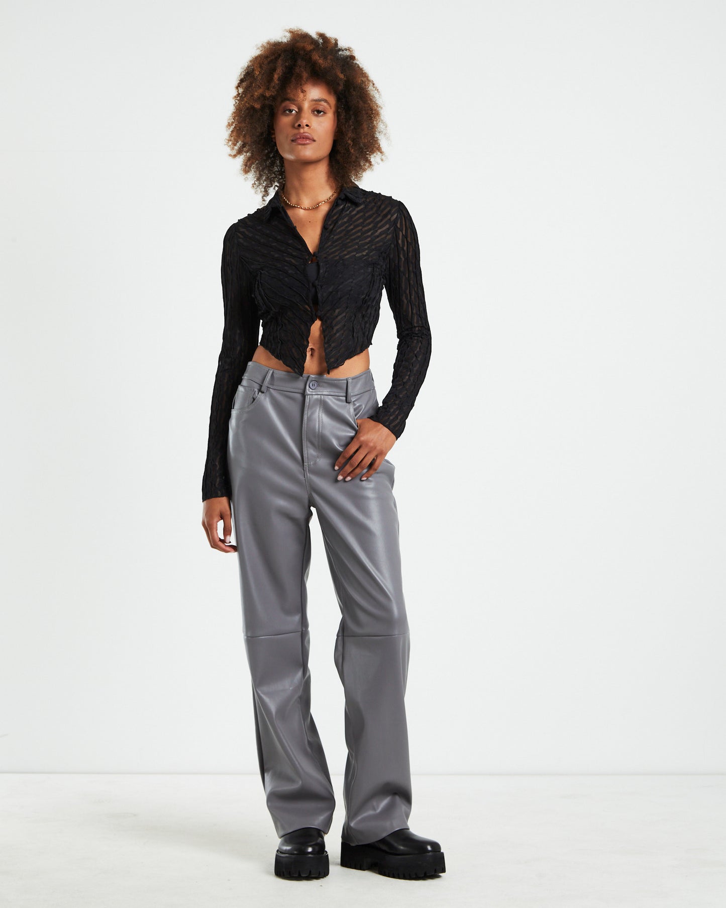 Aisha Textured Mesh Butterfly Hem Long Sleeve Shirt Black