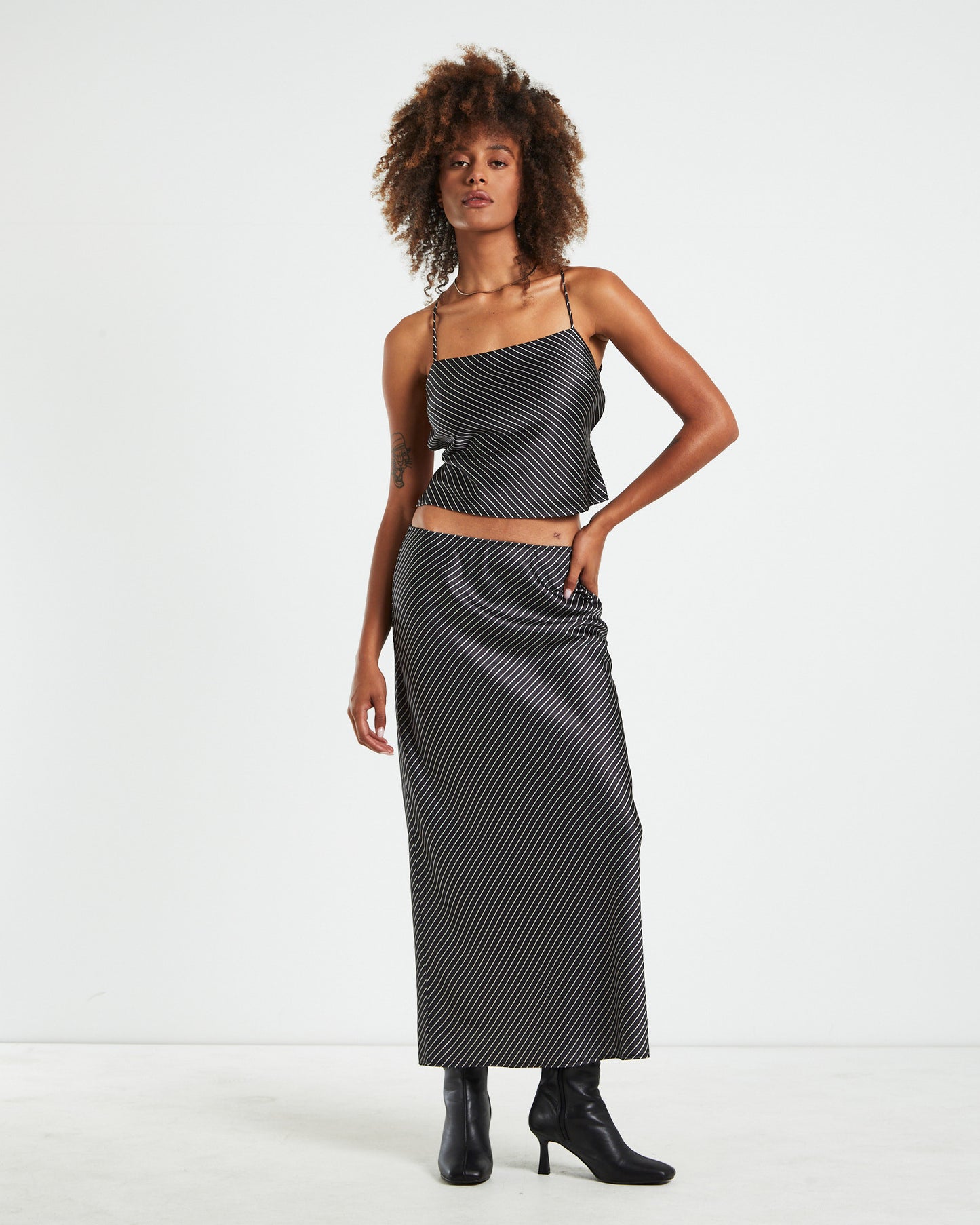 Gianna Satin Stripe Slip Skirt Black
