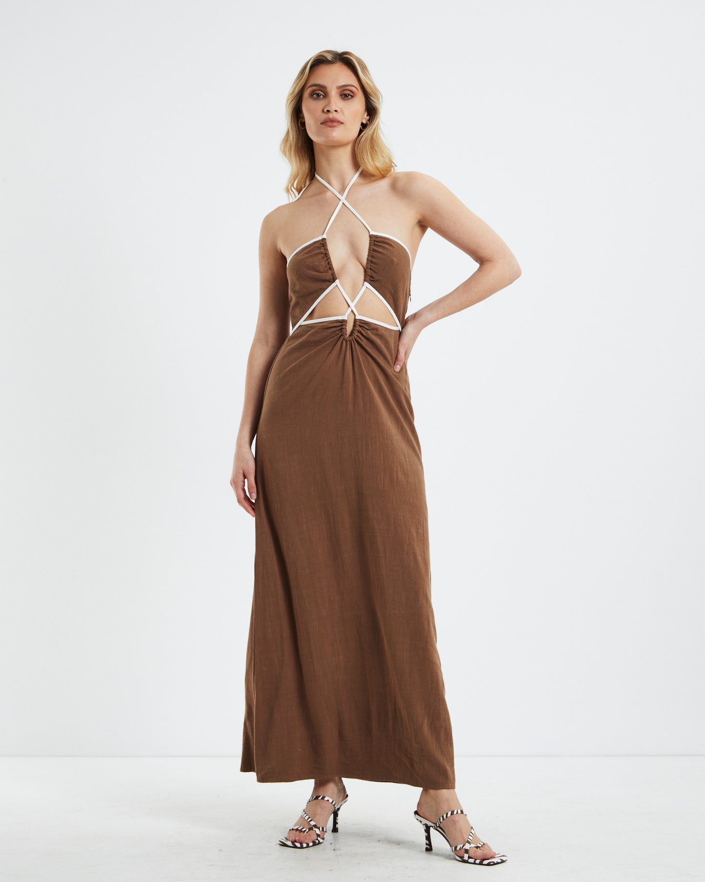 Selena Contrast Bind Midi Dress Brown
