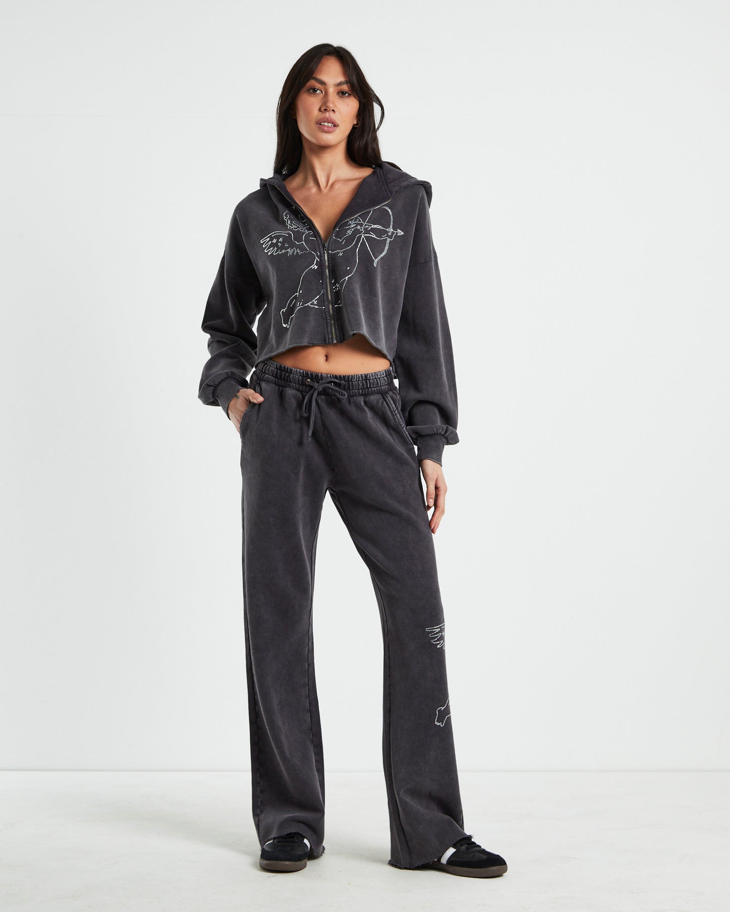 Cherub Acid Wash Zip Front Hoodie Charcoal