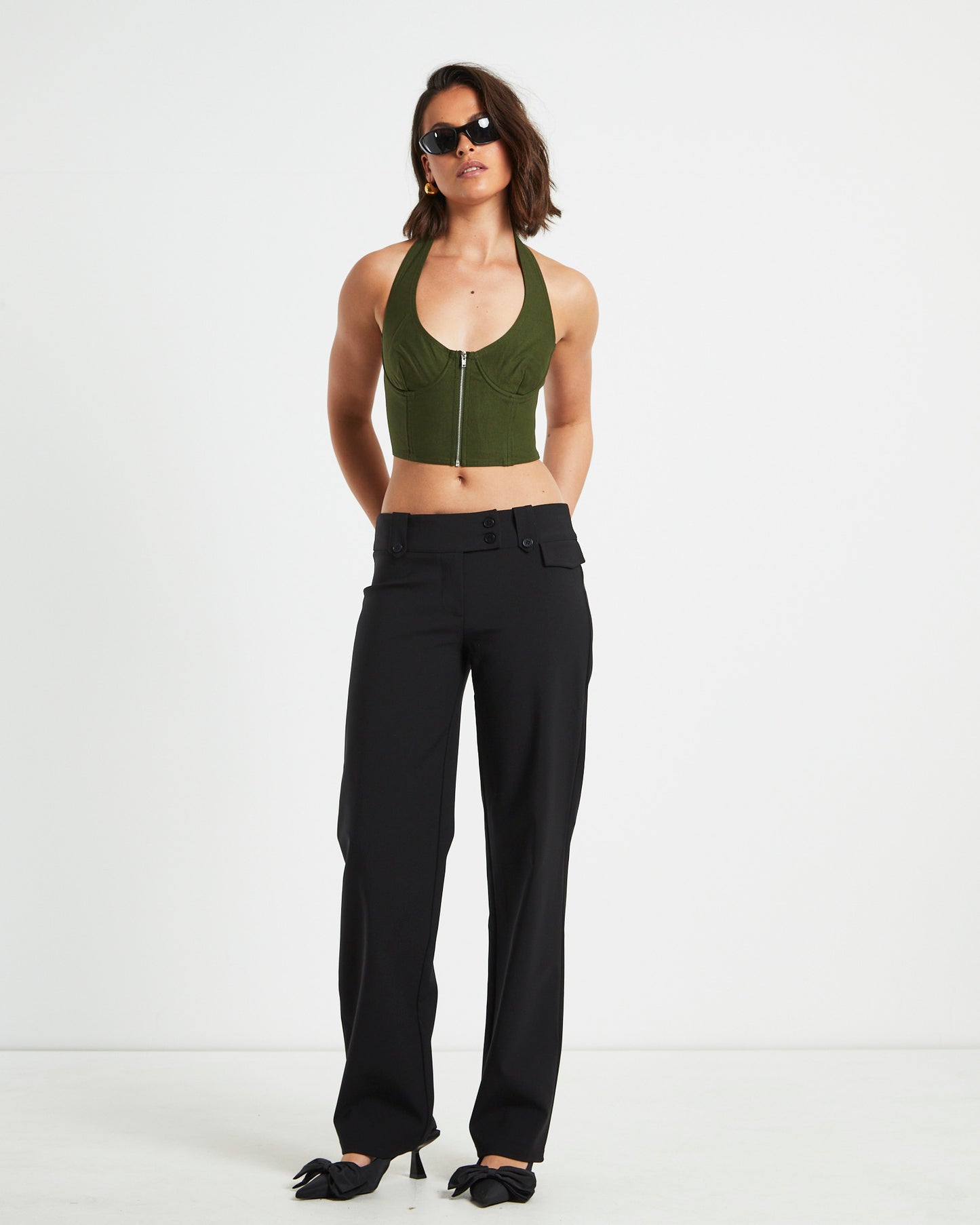 Athena Zip Front Halter Neck Corset in Khaki Green