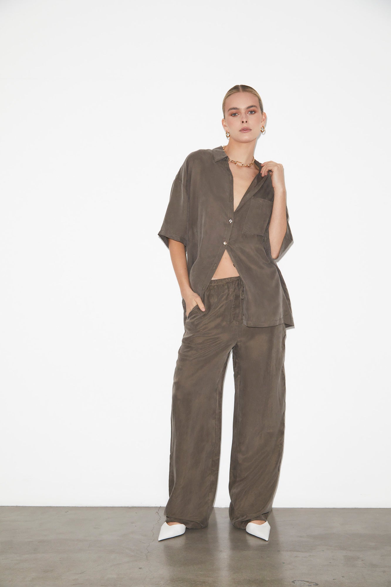 Ember Silky PJ Short Sleeve Shirt in Coffee Brown
