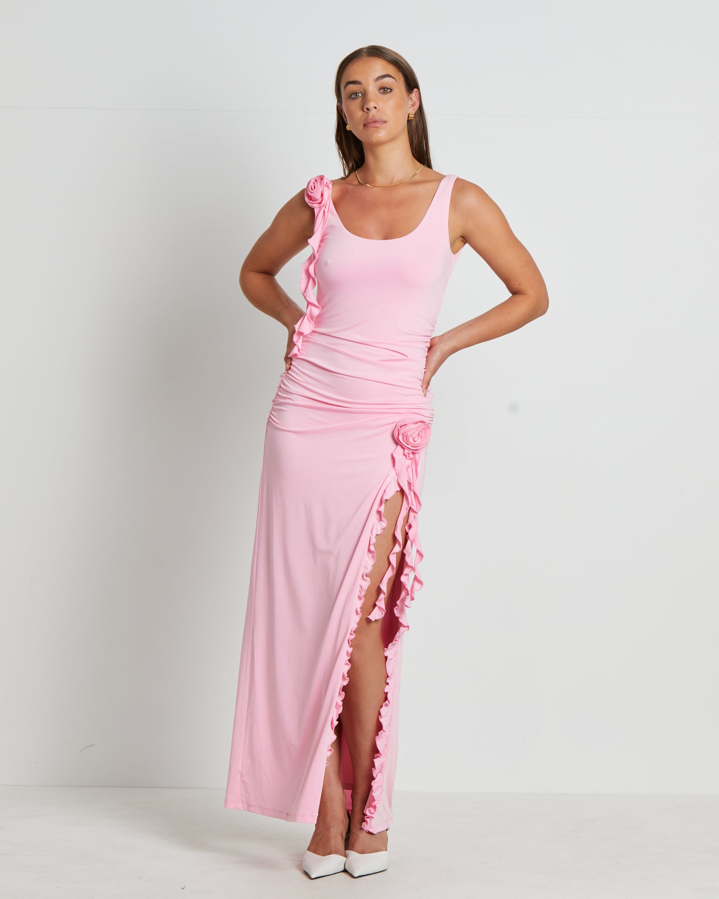 Dovie Corsage Midi Dress in Barbie Pink