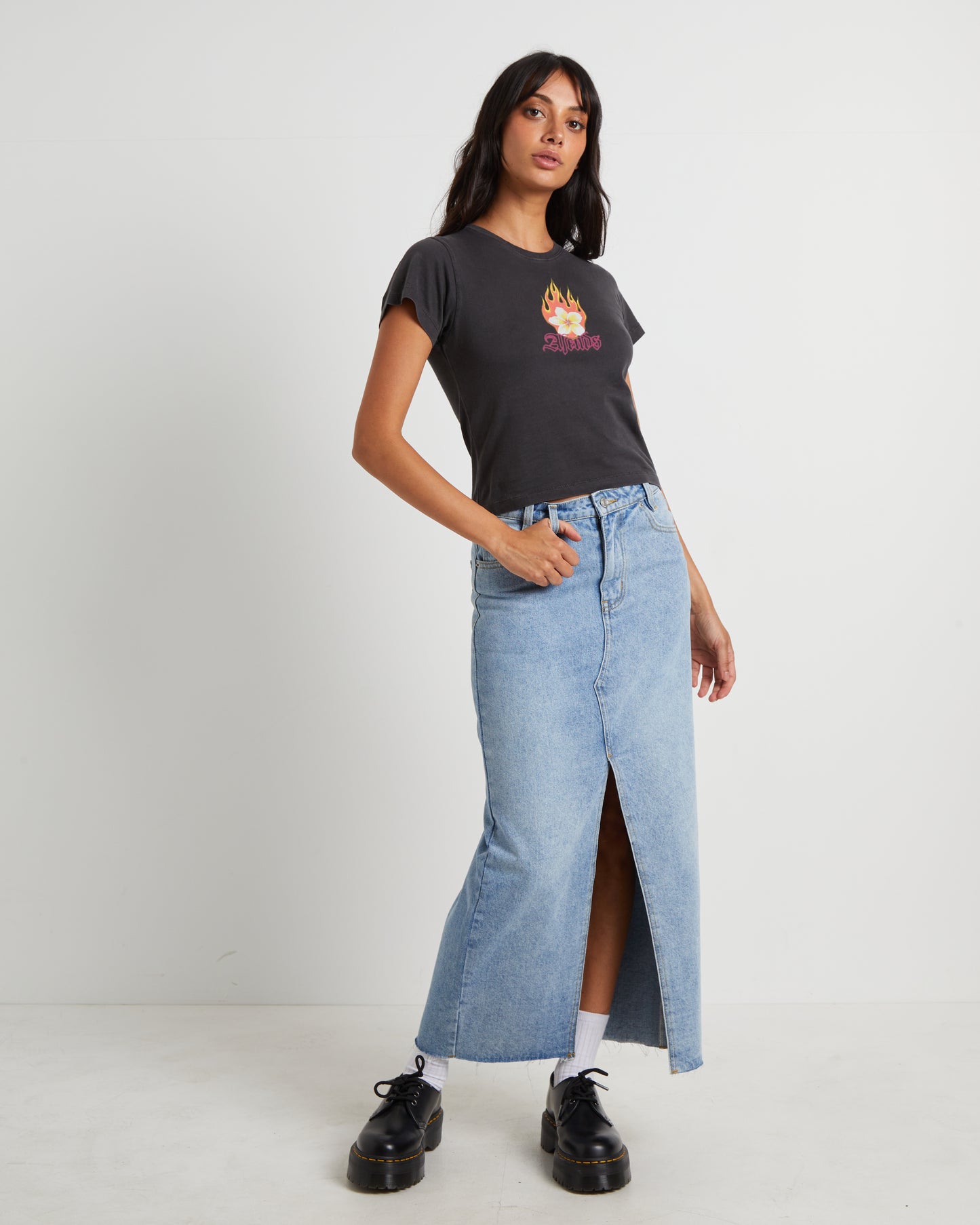 Burning Recycled Baby Tee in Stone Black