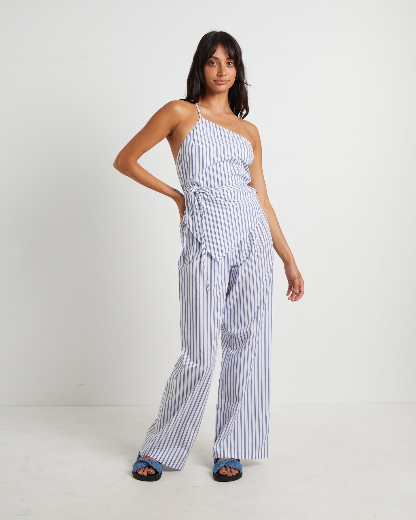 Adeline Asymmetric Cami Top in White Stripe
