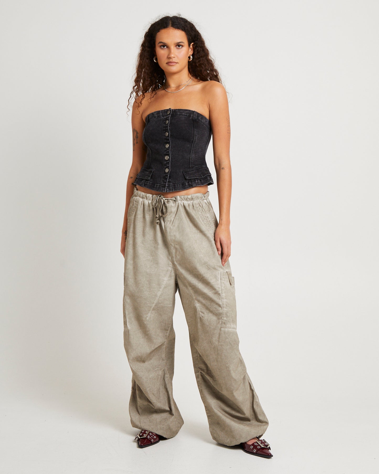 Beige Oil Wash Parachute Pants