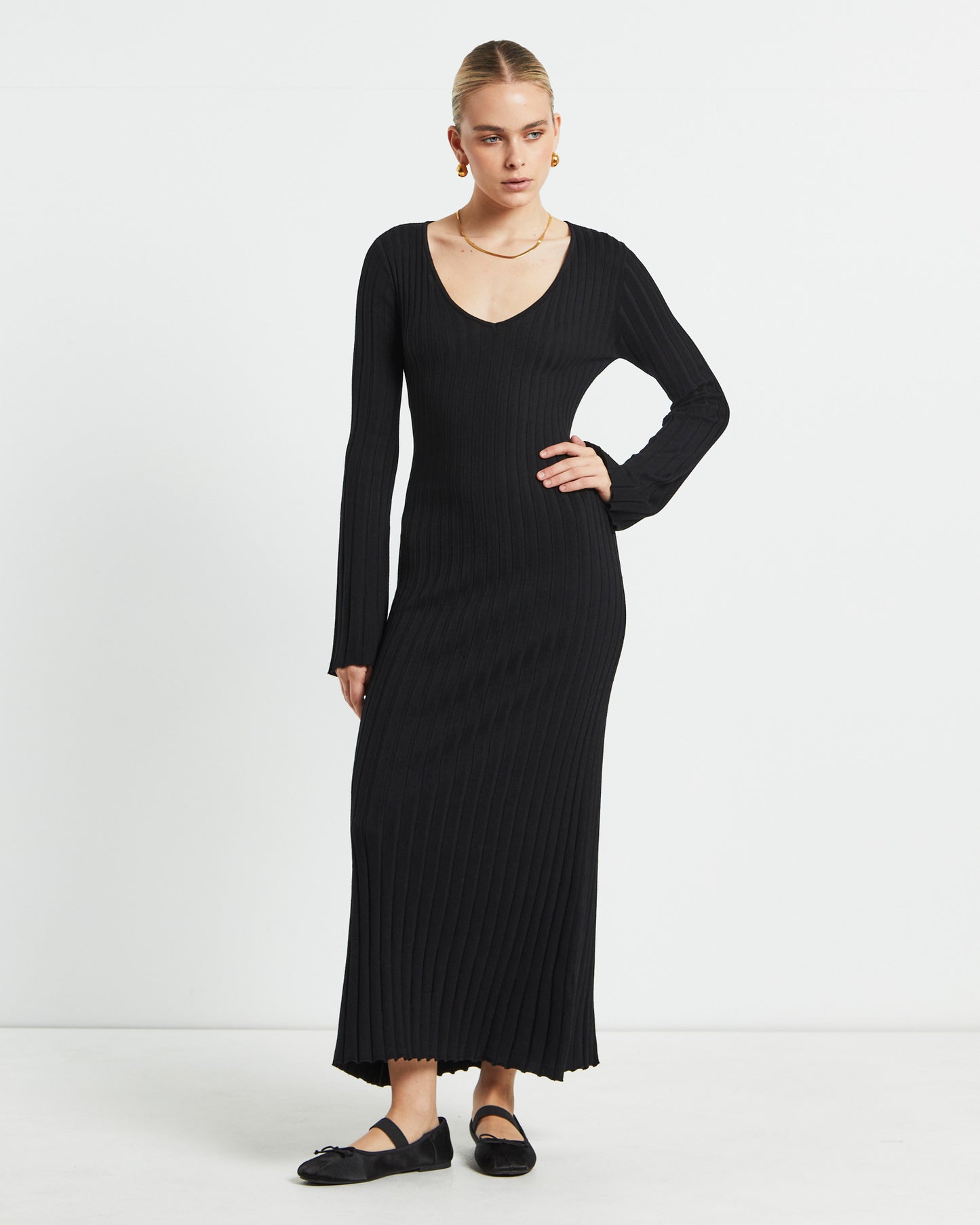 Sophie Long Sleeve Rib Knit Dress Black