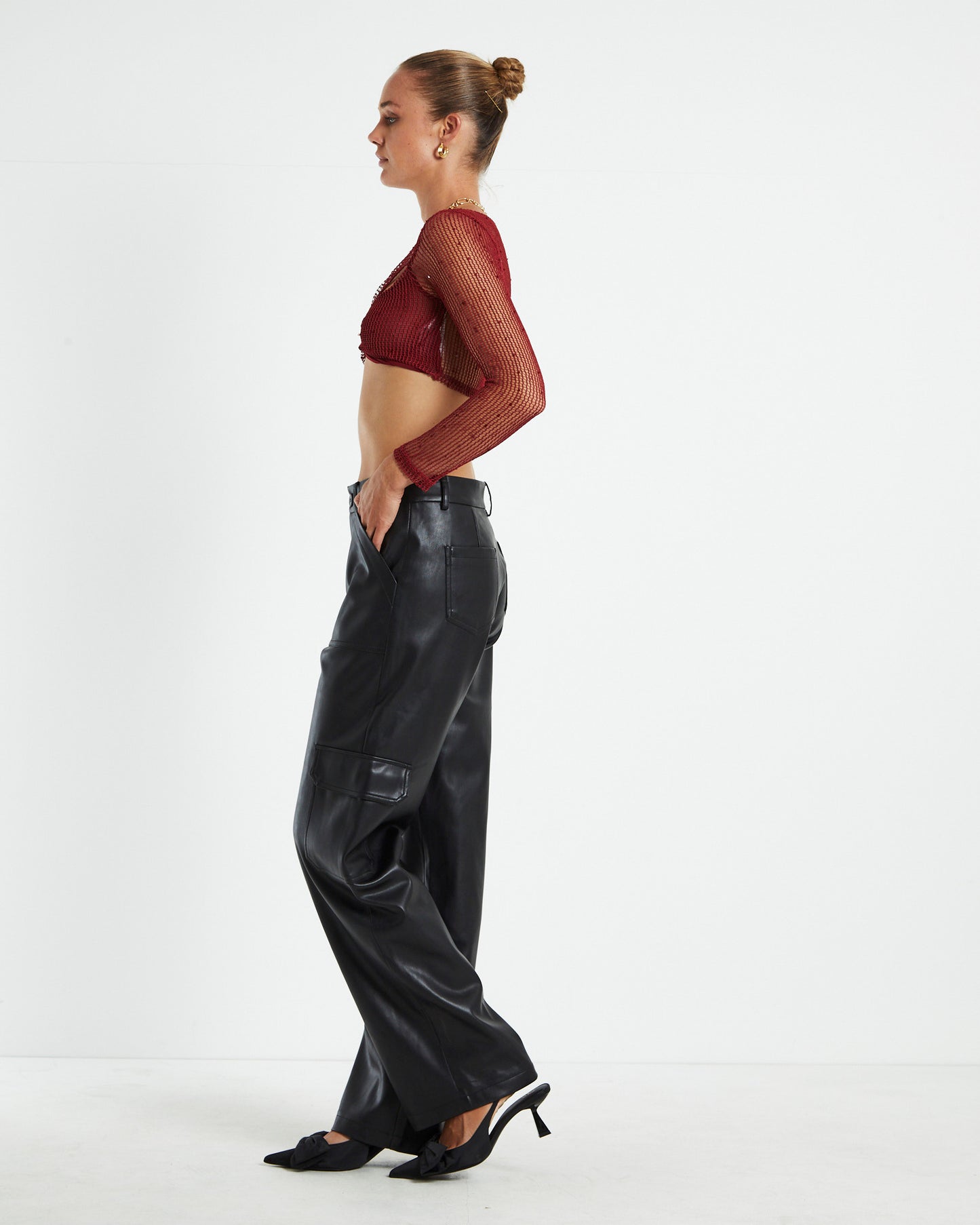 Emery Shimmer Mesh Long Sleeve Top Garnet Red