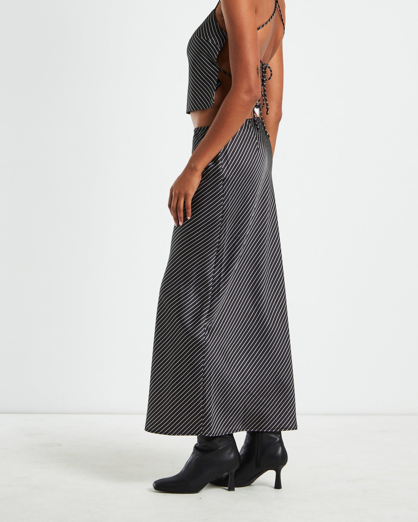 Gianna Satin Stripe Slip Skirt Black