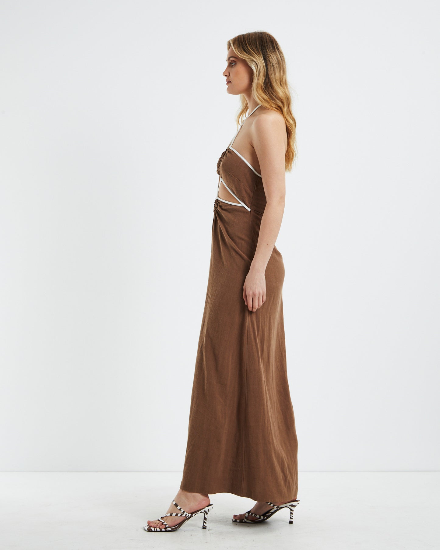 Selena Contrast Bind Midi Dress Brown