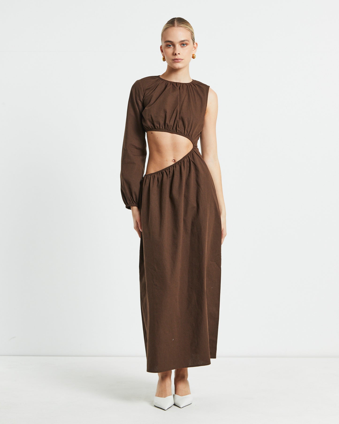Isobel One Shoulder Cut Out Midi Dress in Chocolate