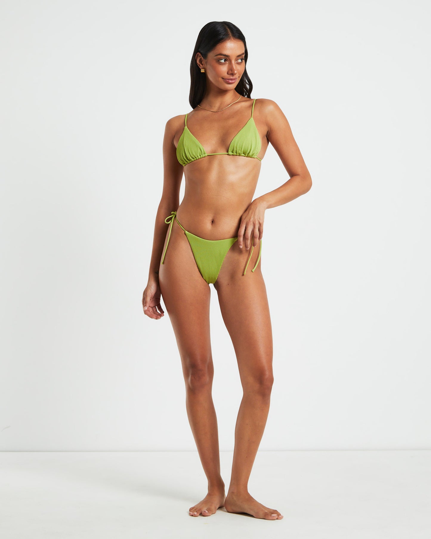 Rib Skinny Strap Tie Side Bikini Bottoms in Citrus Green