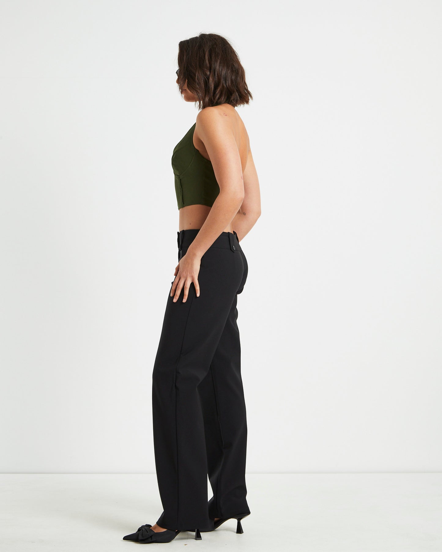 Athena Zip Front Halter Neck Corset in Khaki Green