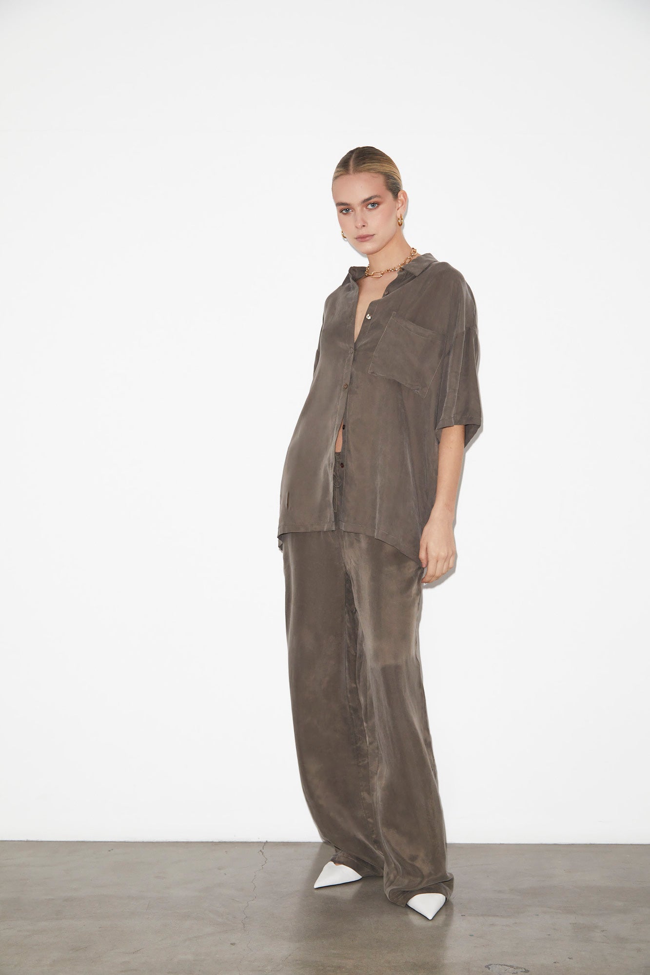 Ember Silky PJ Short Sleeve Shirt in Coffee Brown