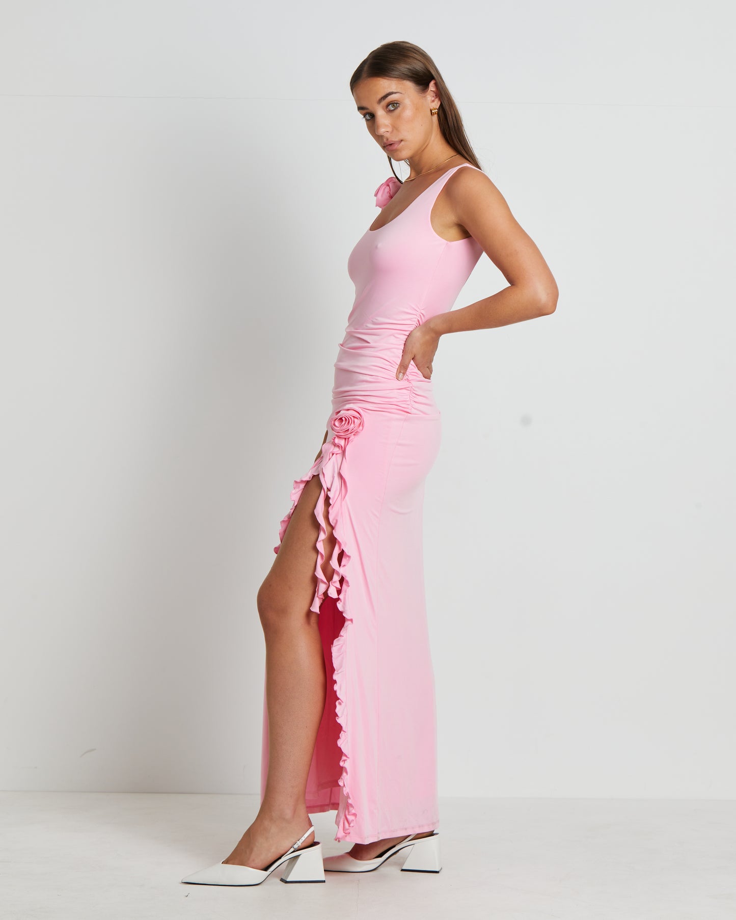 Dovie Corsage Midi Dress in Barbie Pink