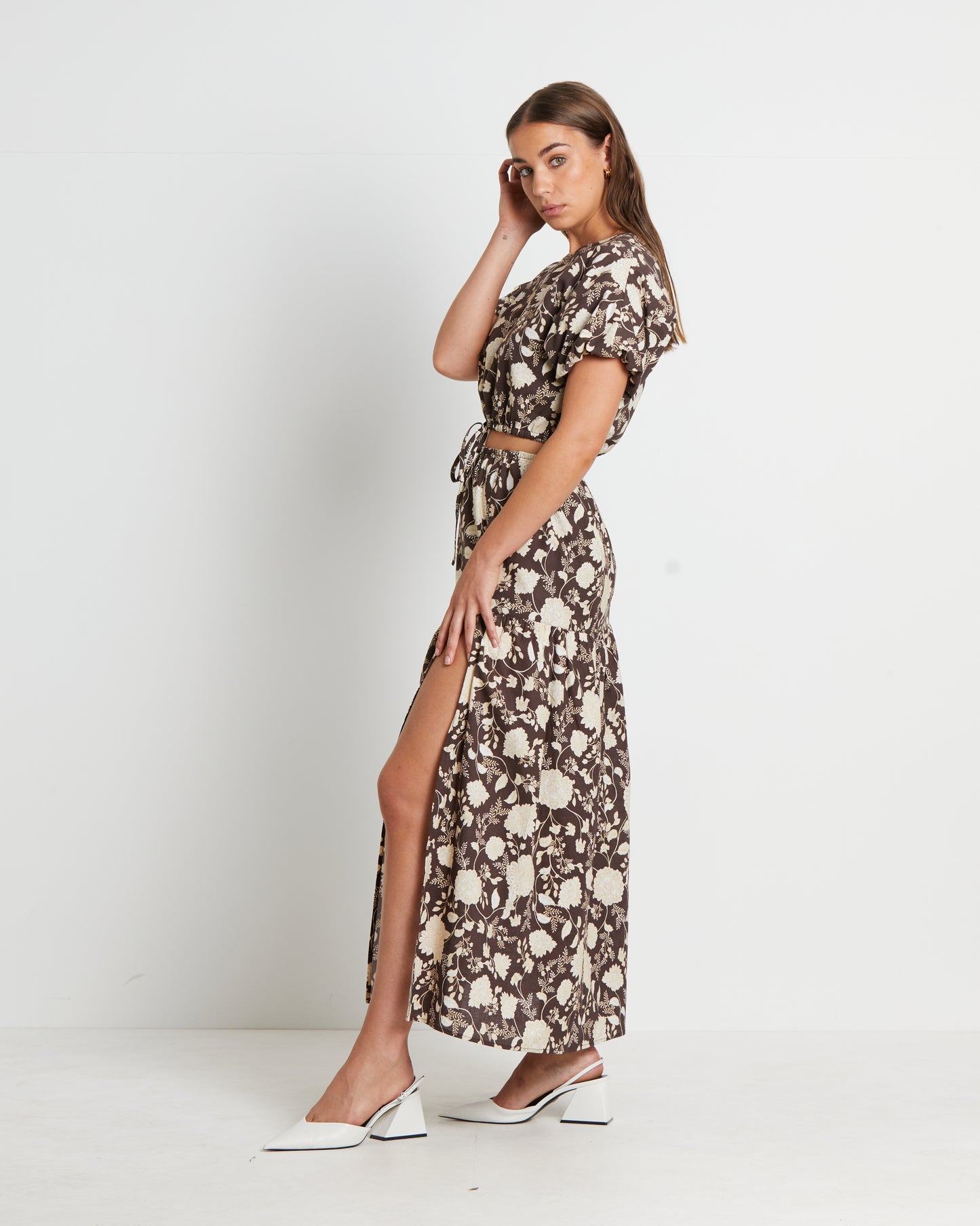 Melody Linen Maxi Skirt in Brown Assorted