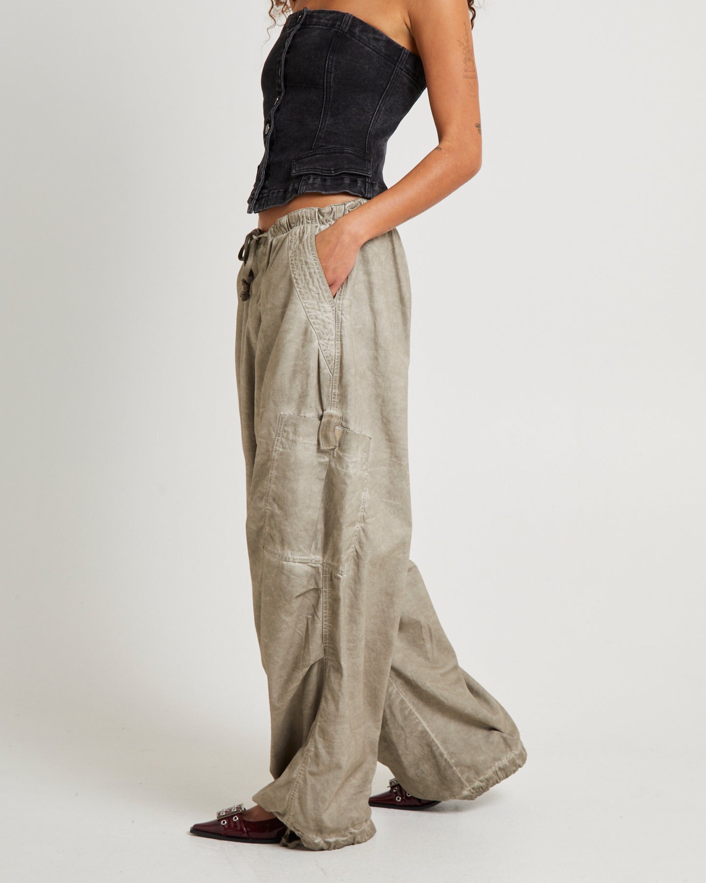 Beige Oil Wash Parachute Pants