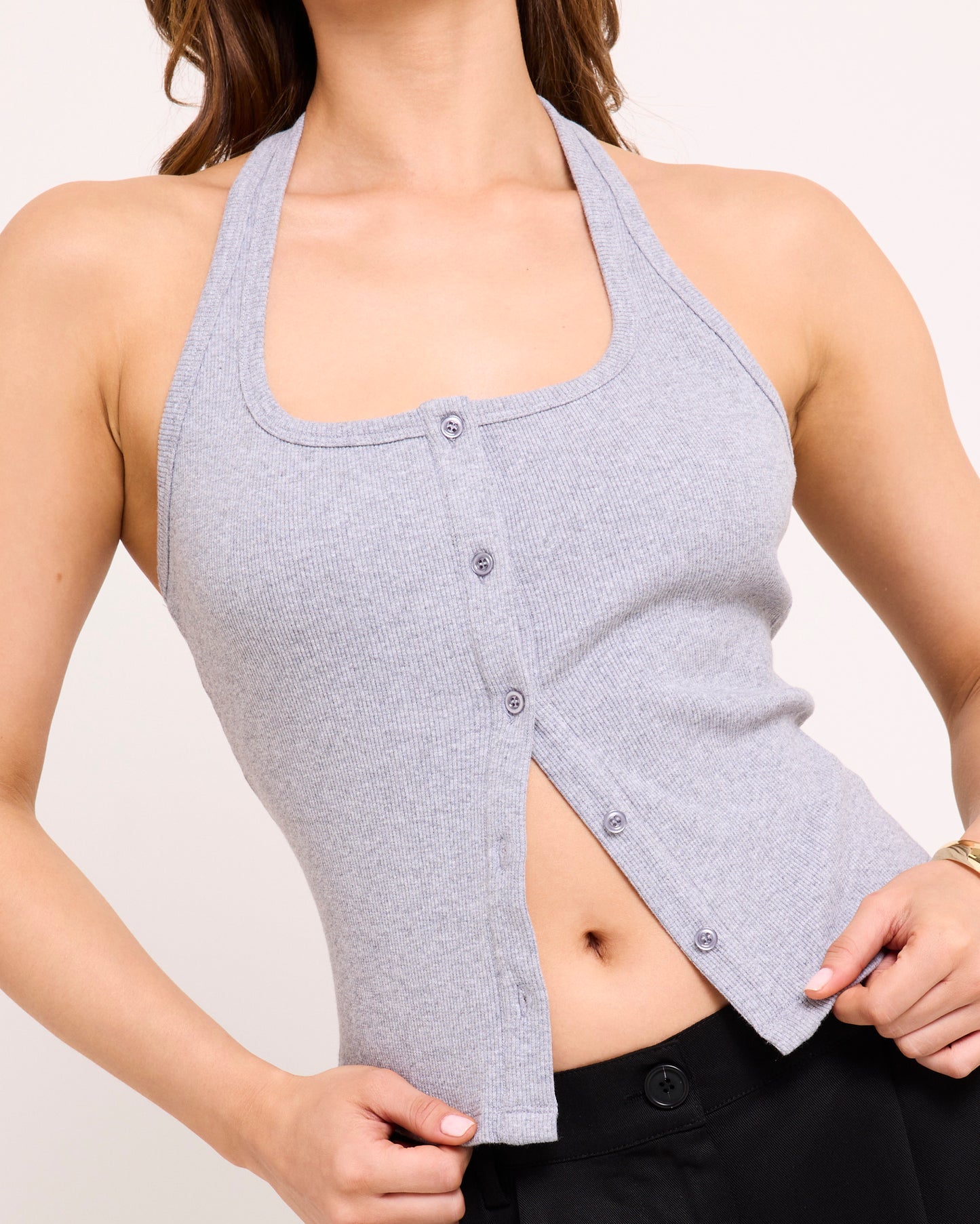 Saga Rib Button Halter Tank