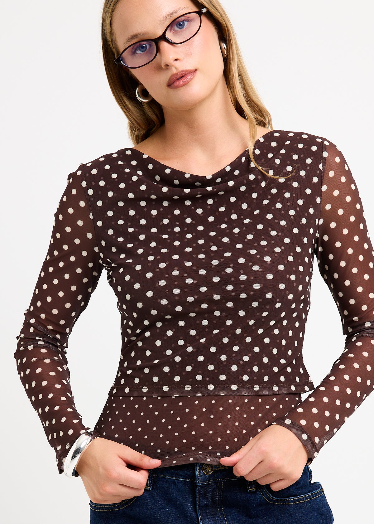 Olivia Spot Mesh Top CHOC SPOT