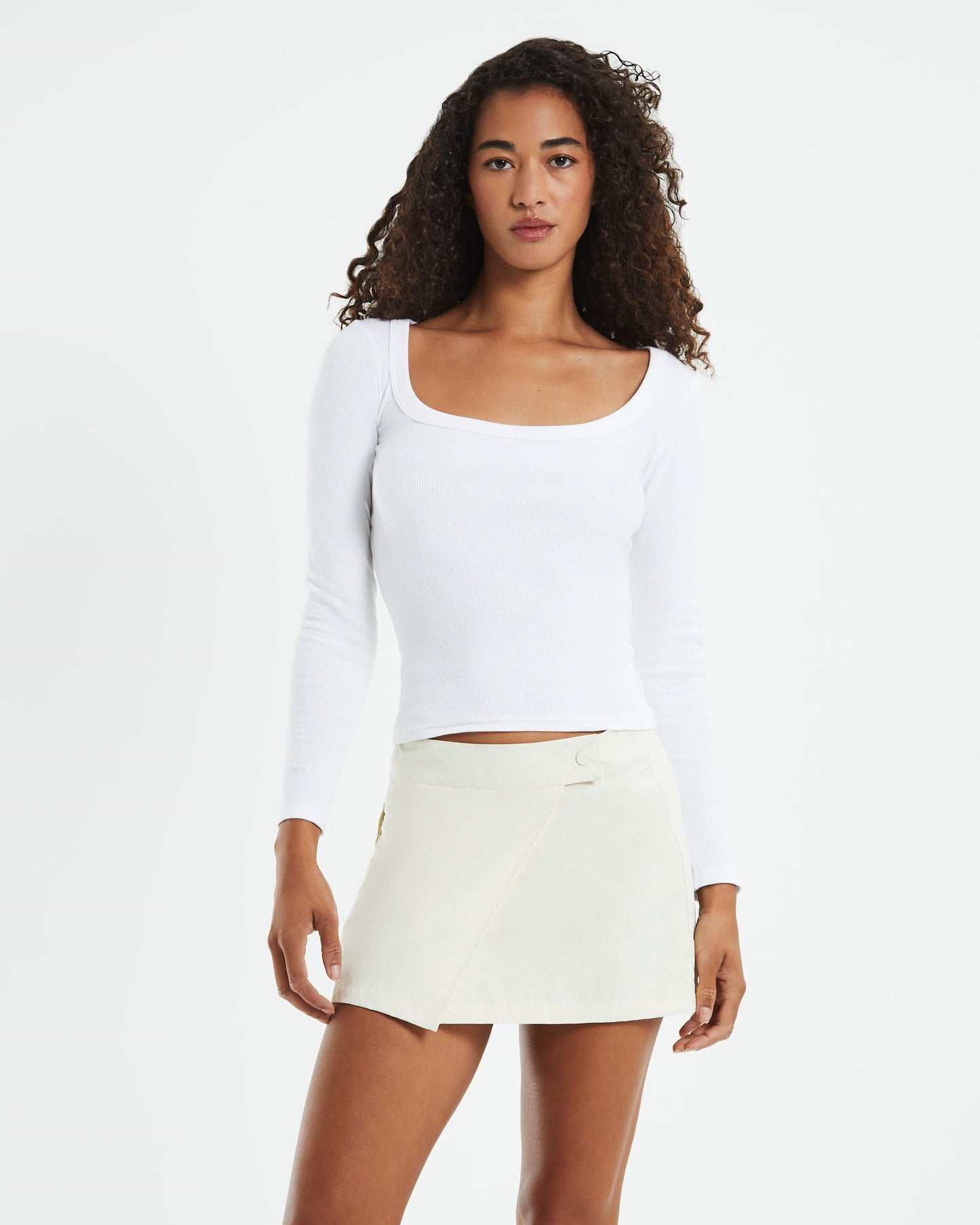 Open Neck Long Sleeve Top White