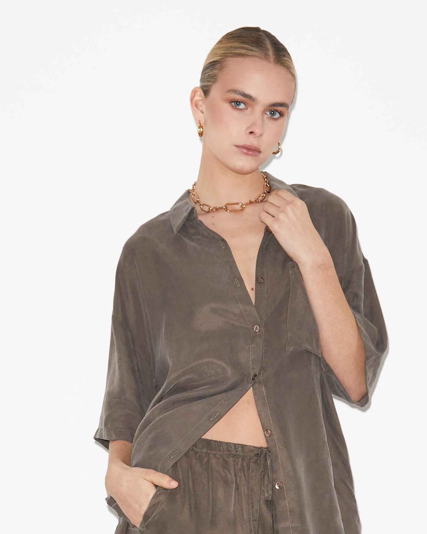 Ember Silky PJ Short Sleeve Shirt in Coffee Brown