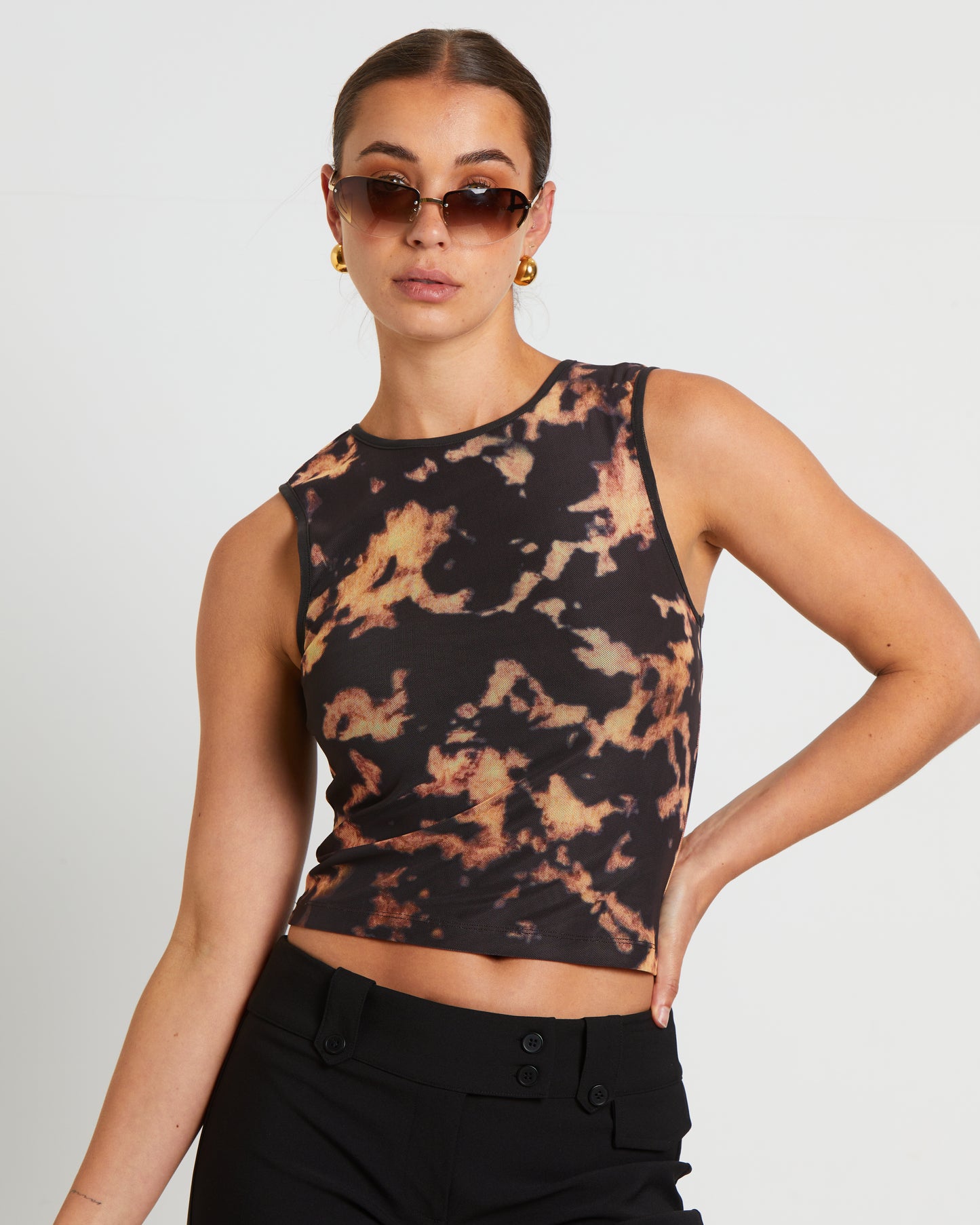 Dark Cloud Mesh Cut Off Tank Top in Brown
