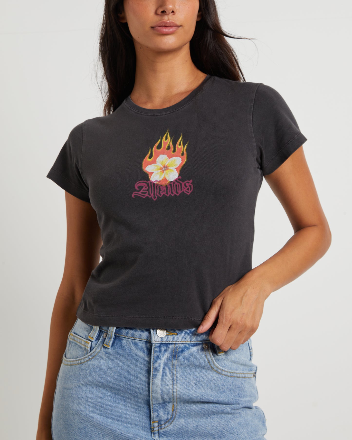 Burning Recycled Baby Tee in Stone Black