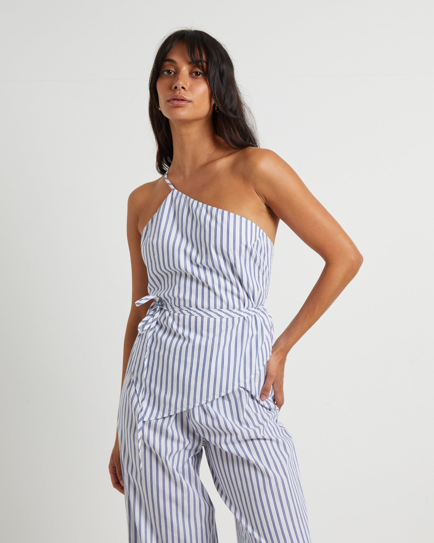 Adeline Asymmetric Cami Top in White Stripe
