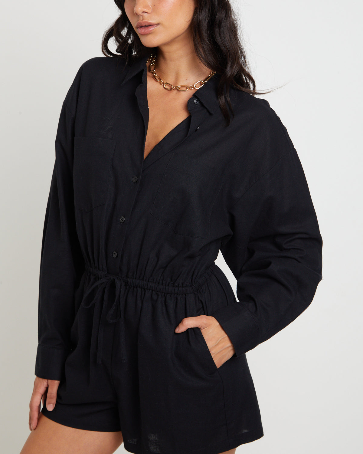 Joslin Boxy Long Sleeve Shirt Playsuit in Black BLACK