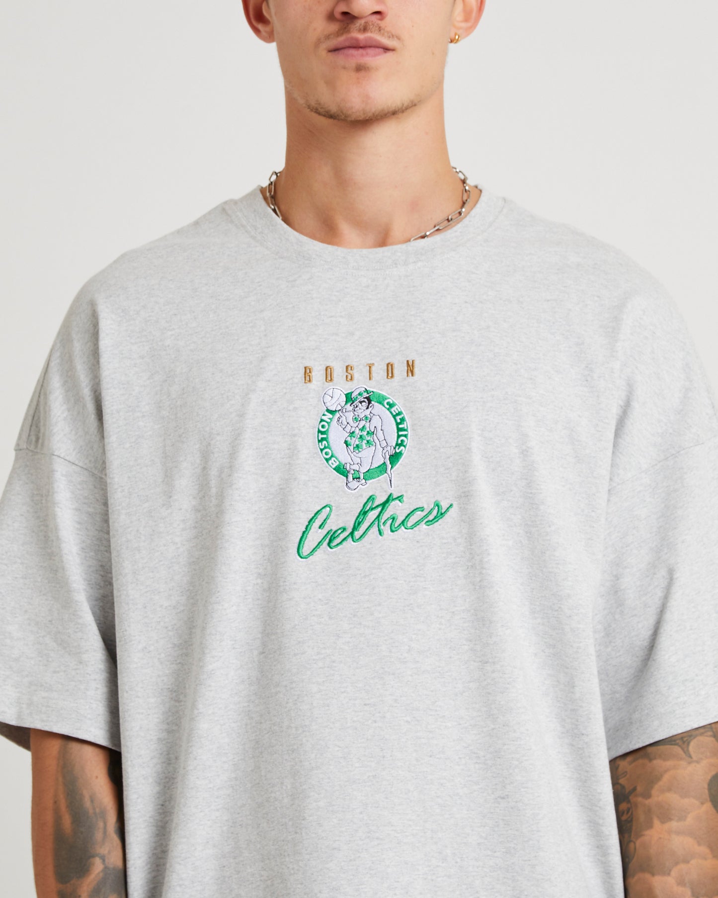Tri Logo Celtics Oversized Short Sleeve T-Shirt in Vintage Grey Marle