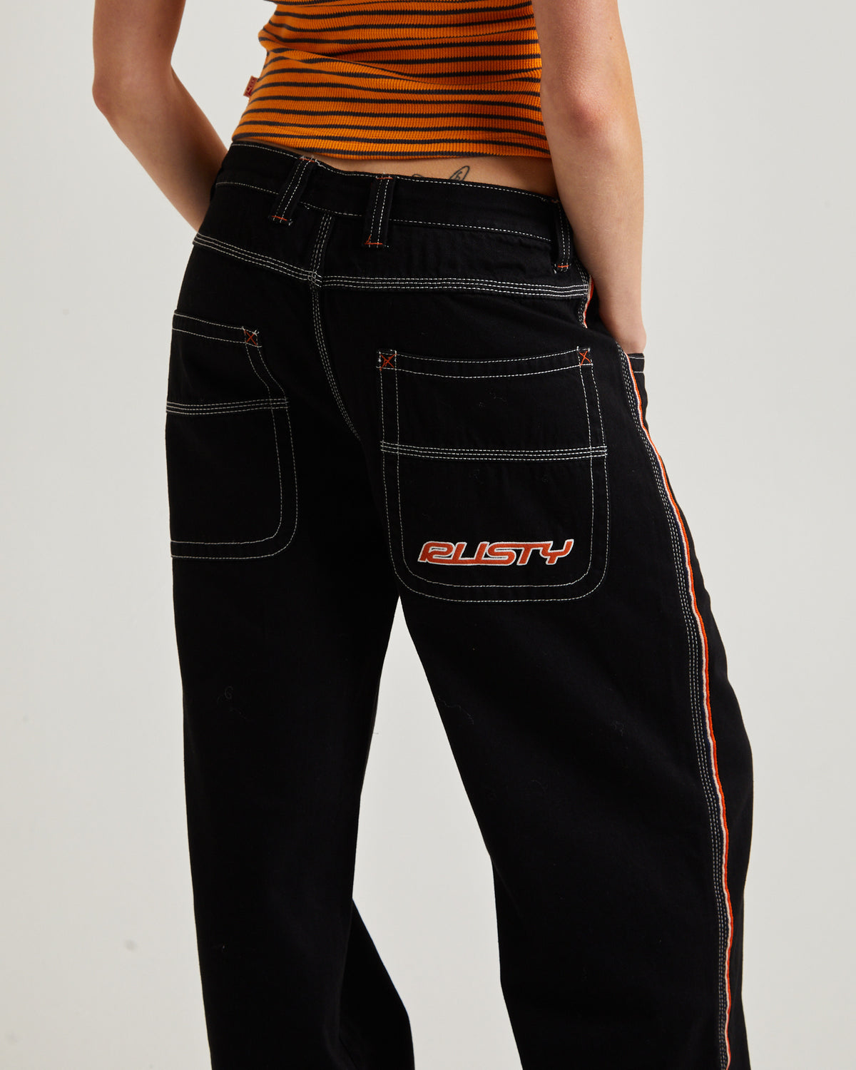 Flip Mommy Low Rise Wide Leg Denim Pants BLACK OUT / ORANGE