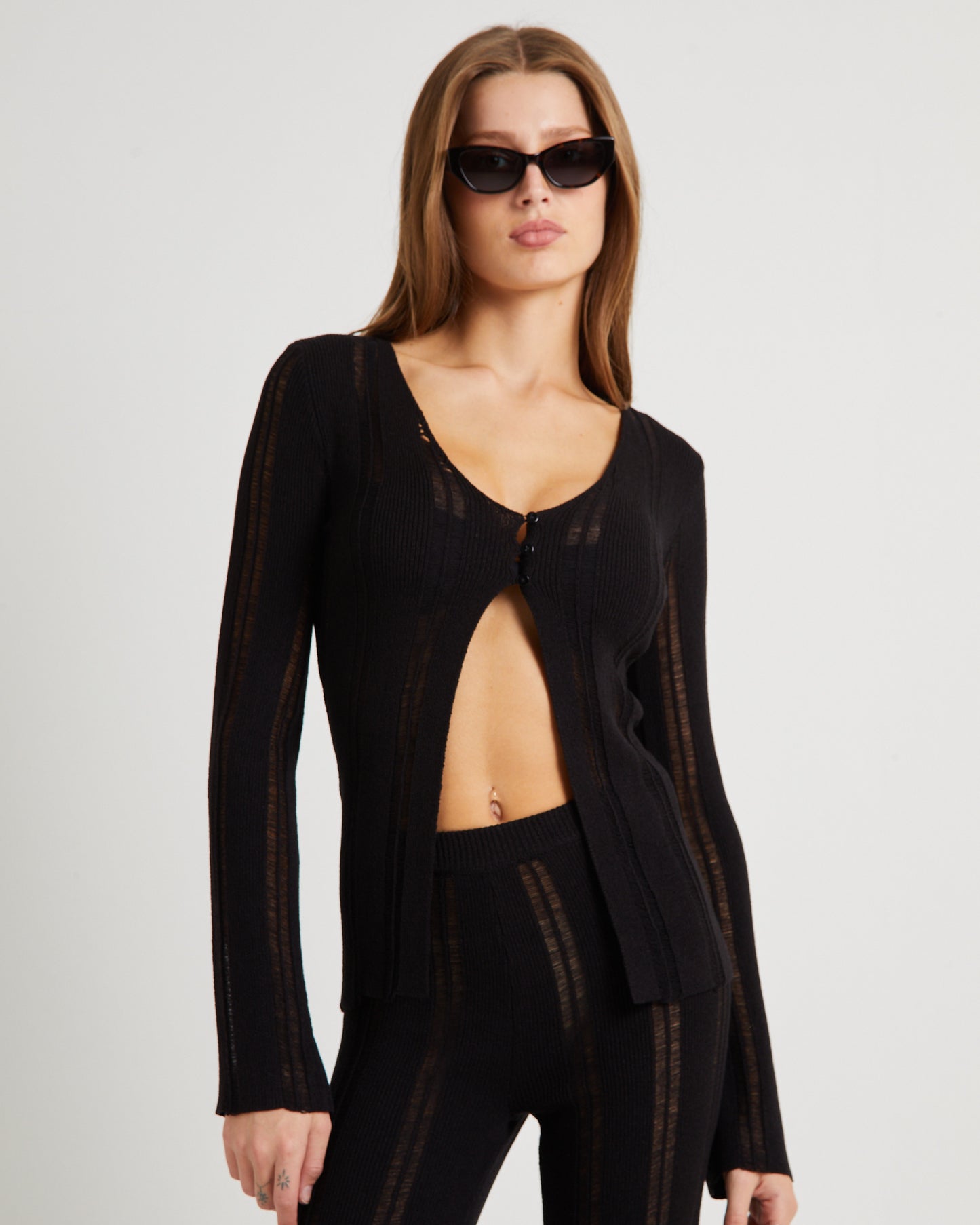 Ladder Knit Button Long Sleeve Top