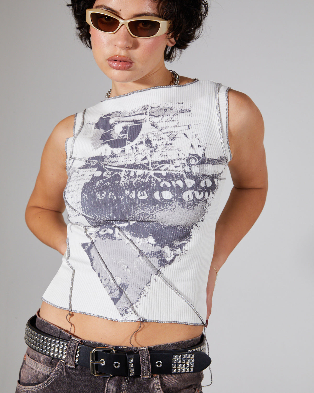 Print Splice Rib Tank Top ECRU