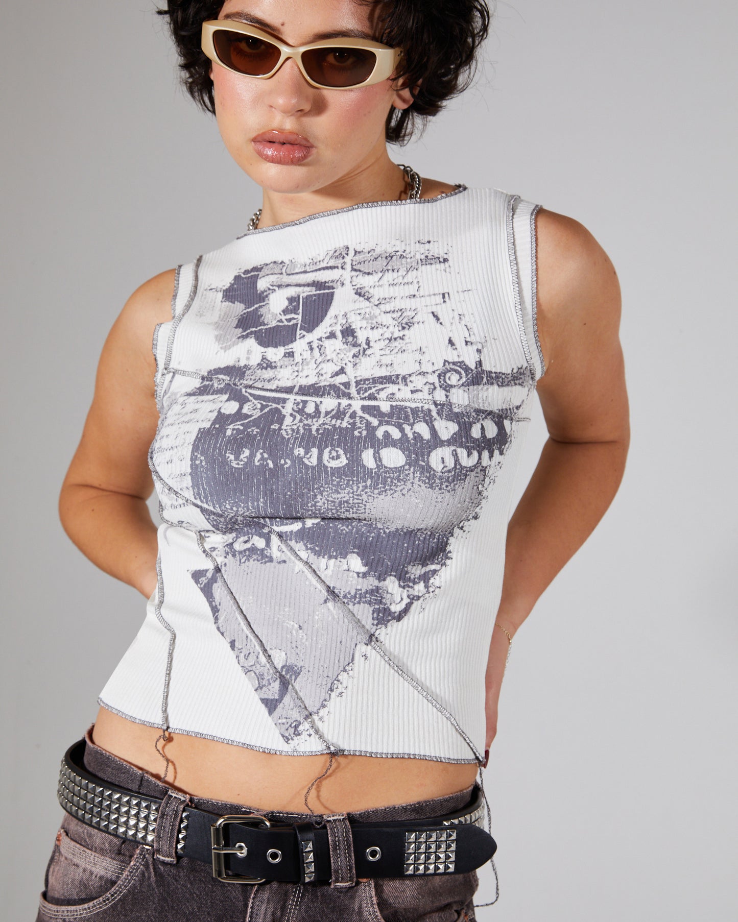 Print Splice Rib Tank Top