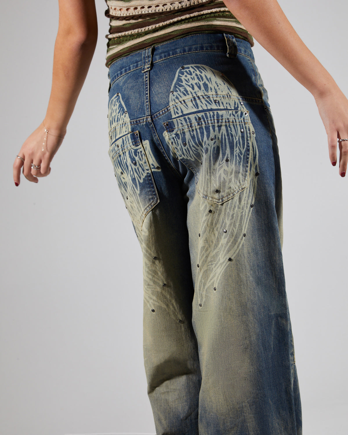 Wing Print Studded Lowrise Colossus Jeans BLUE