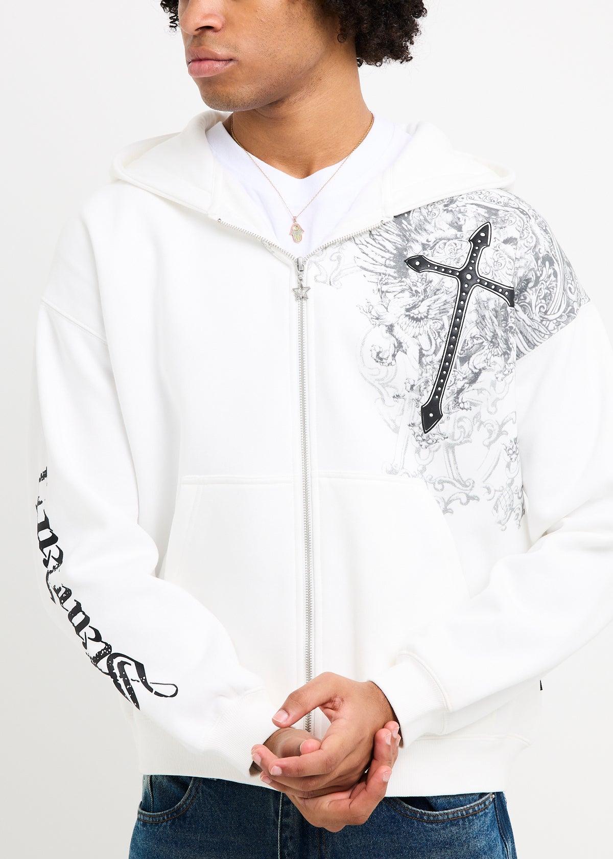 Crucifix Zip Hoodie WHITE