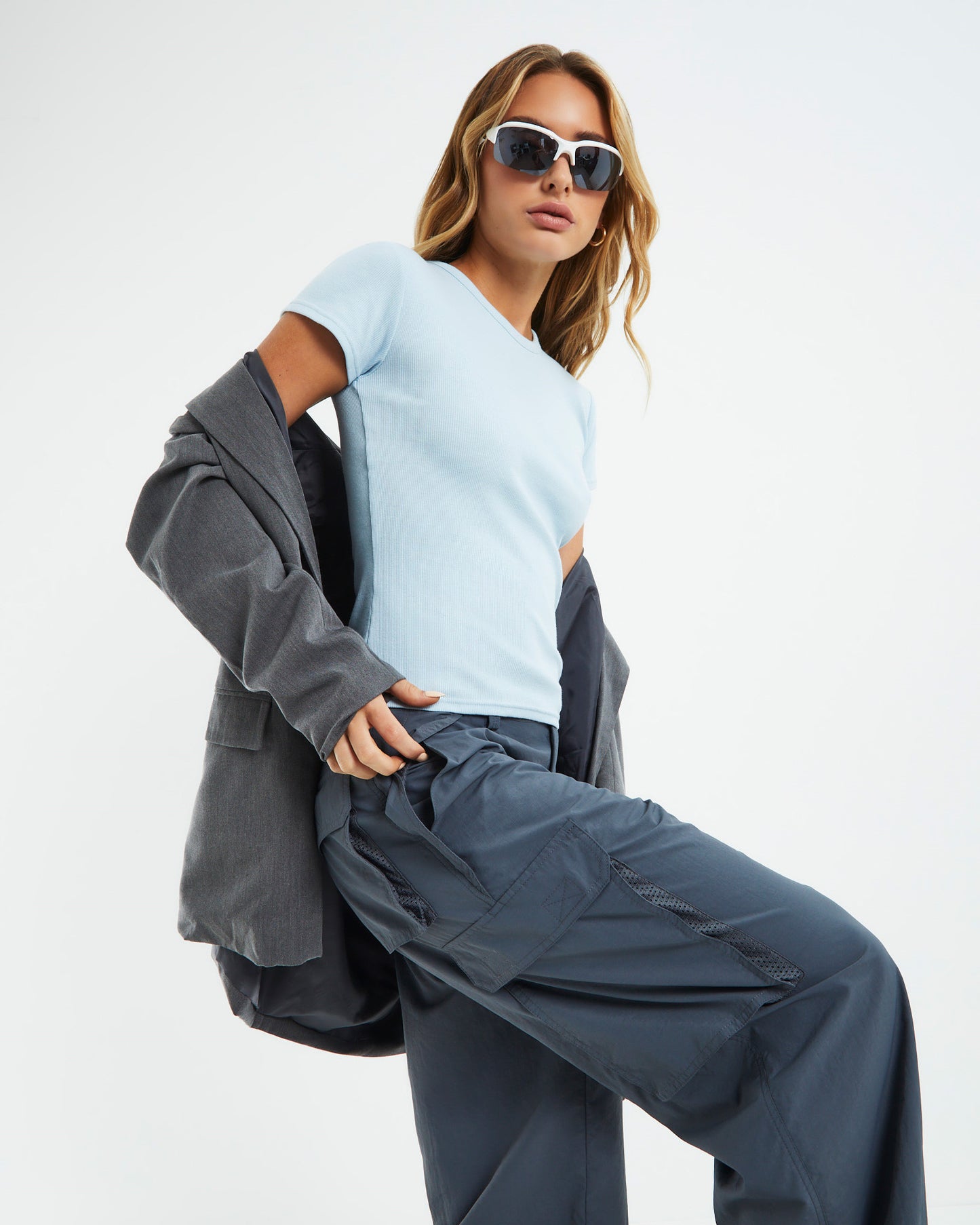 Ribbed Longline Fitted Tee Ice Blue